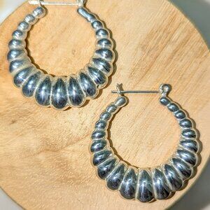 🆕.925 STERLING SILVER HOOP EARRINGS RIBBED ROUND HOLLOW